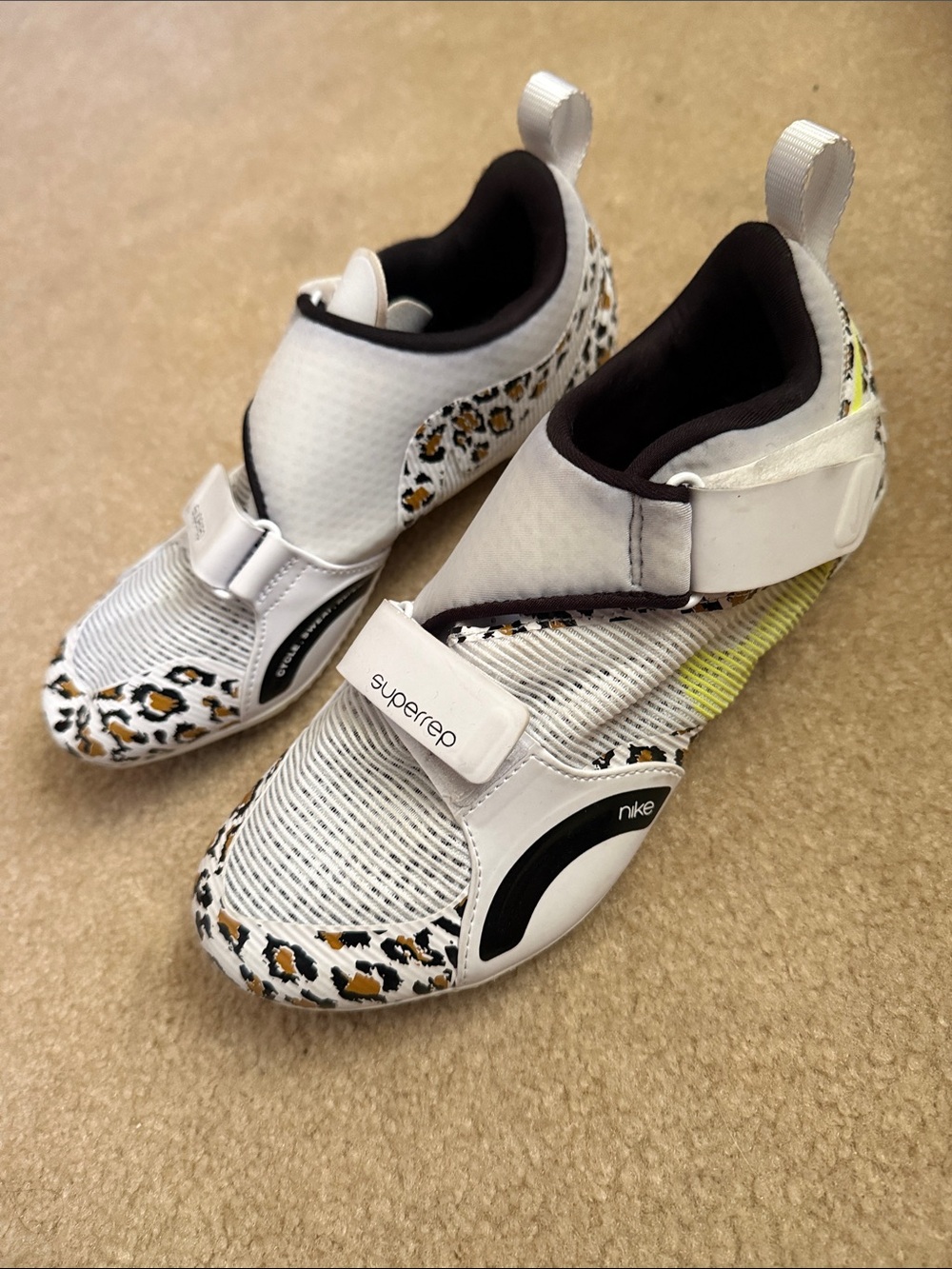 Nike Womens White Leopard Print SuperRep Training Shoes with Yellow Accents